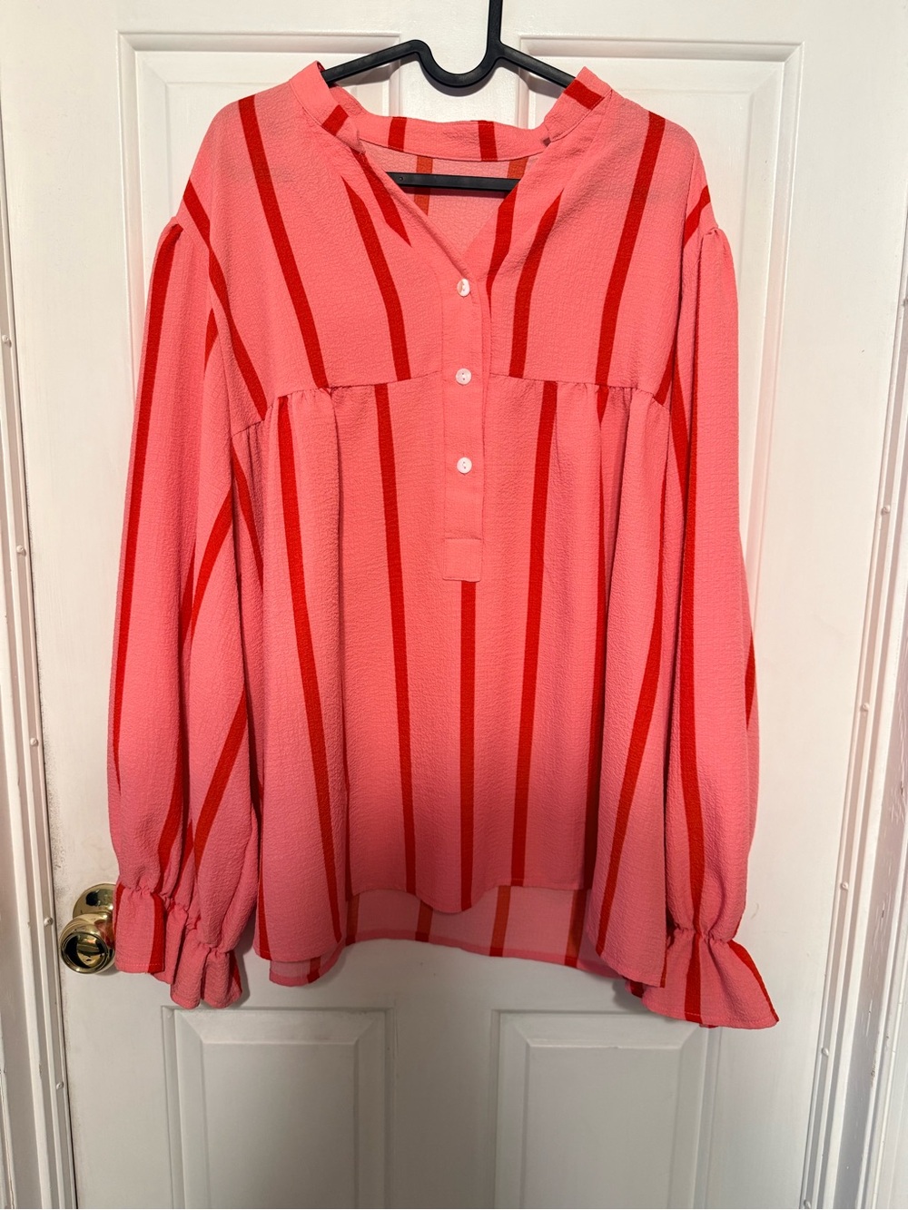 Button Front Pink and Red Striped Women's Blouse